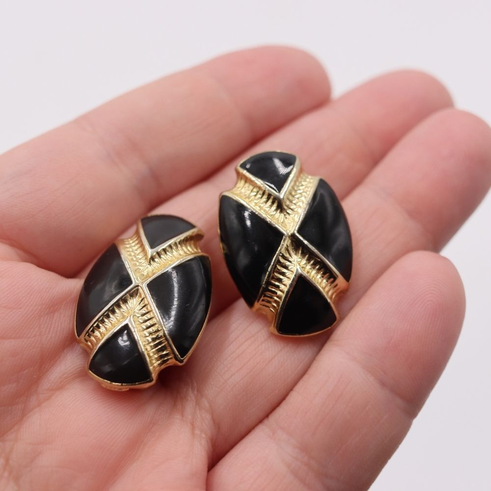 Vintage Black Gold Tone Oval Cross Clip On Earrings MCM Style 80s Statement